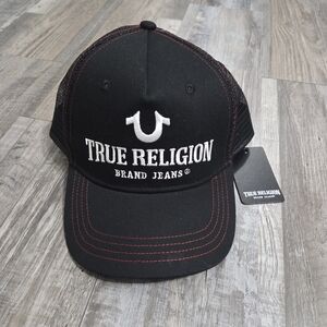 True Religion Black Trucker Cap with Red Stitching